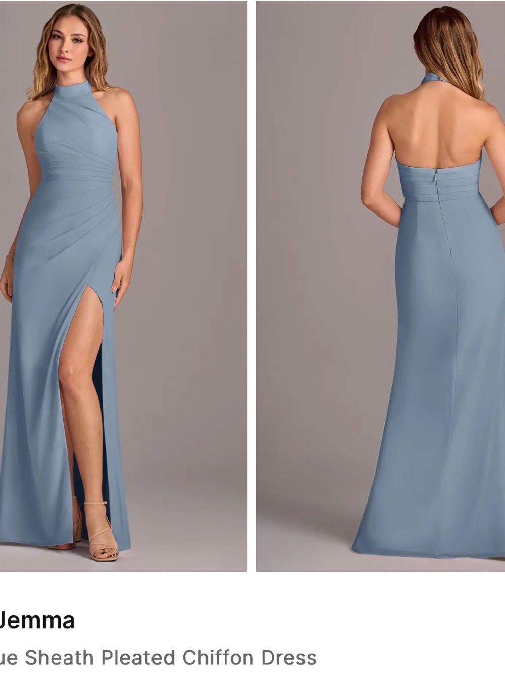 JEM Dusty Blue Halter Sheath Chiffon Gown
